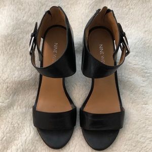 Nine West Black Soft Leather Wedge Sandals